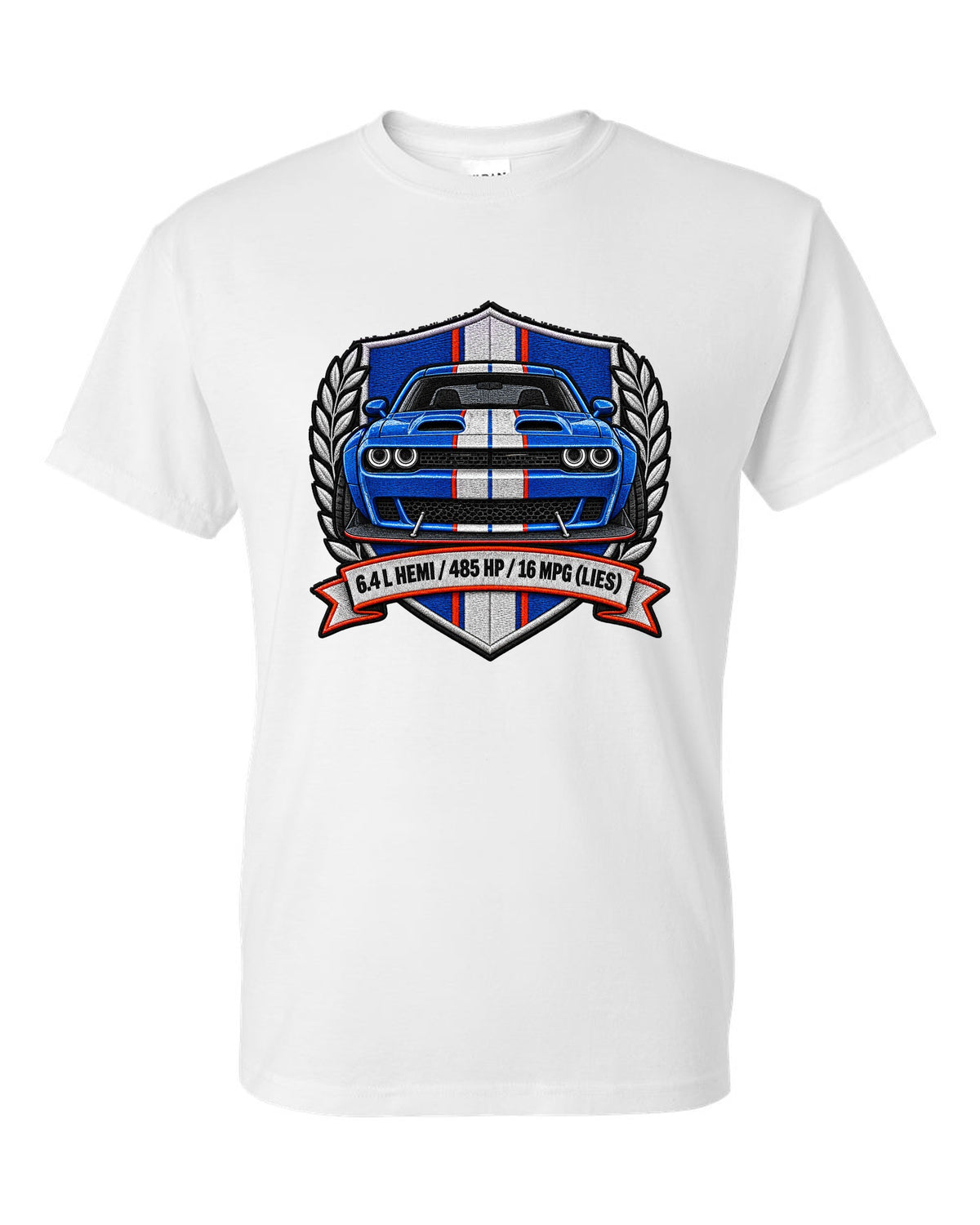 Embroidered shield patch design for a 2015 Dodge Challenger Scat Pack 392 Widebody with 6.4 L HEMI specs white t-shirt front view with the design