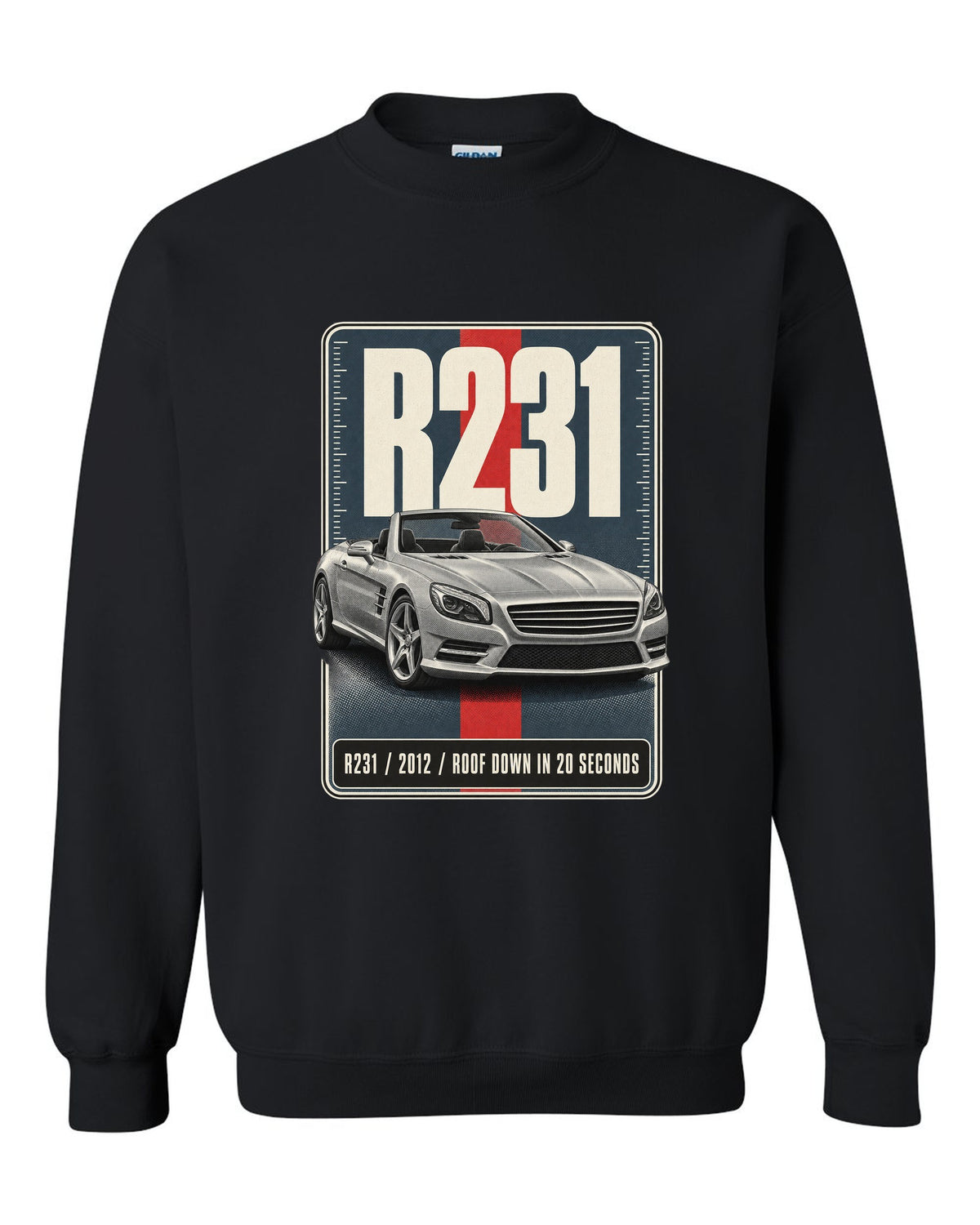 Mercedes-Benz SL R231 low front three-quarter halftone print in warm grey black crewneck front view with the design