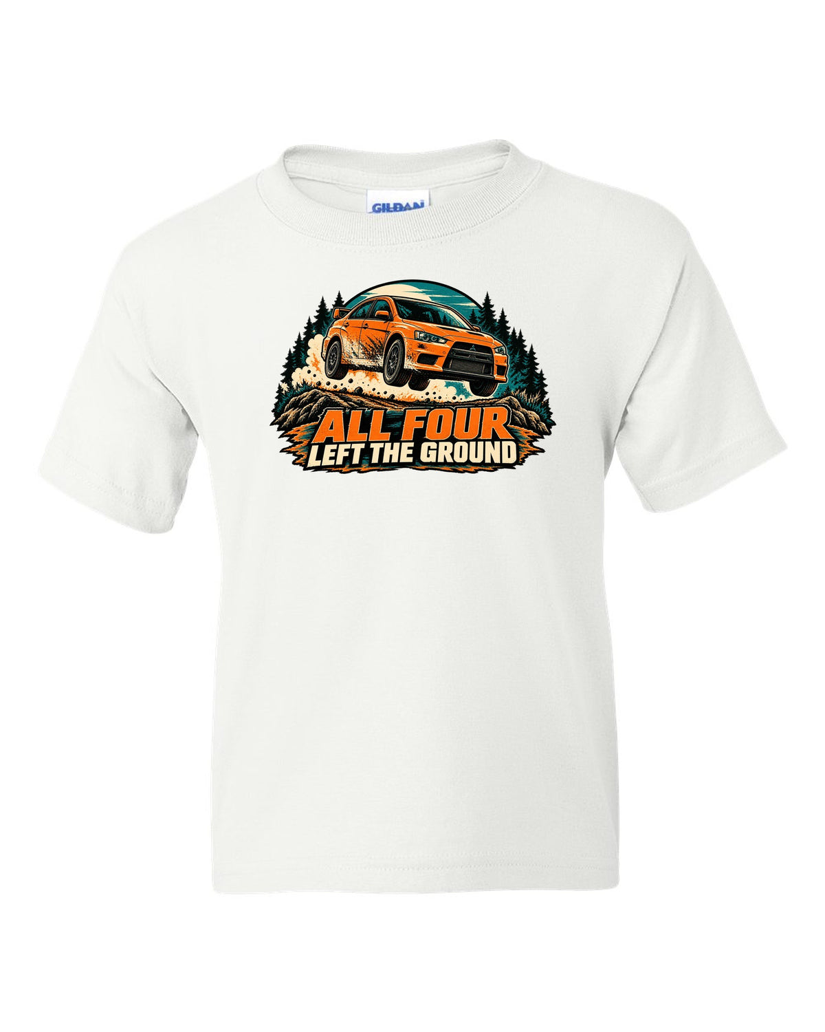 Flat vector minimalist print of the Mitsubishi Evo X CZ4A with aluminium block 291 HP text white kids tee front view with the design