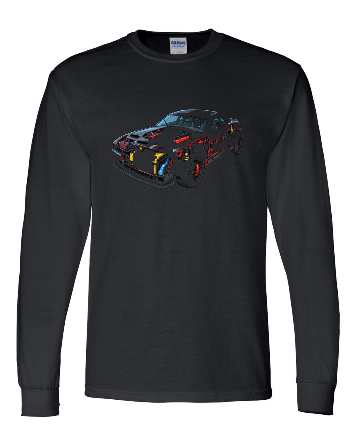 2018 Dodge Challenger Hellcat supercharger cutaway technical illustration print with 707 HP text black long sleeve front view with the design