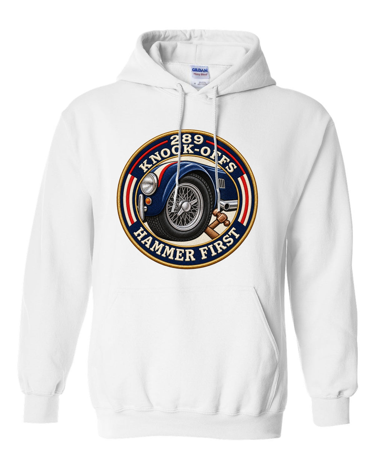 Embroidered-patch style crest print for a Shelby Cobra 289 with Knock-Offs lettering white pull over hoodie front view with the design