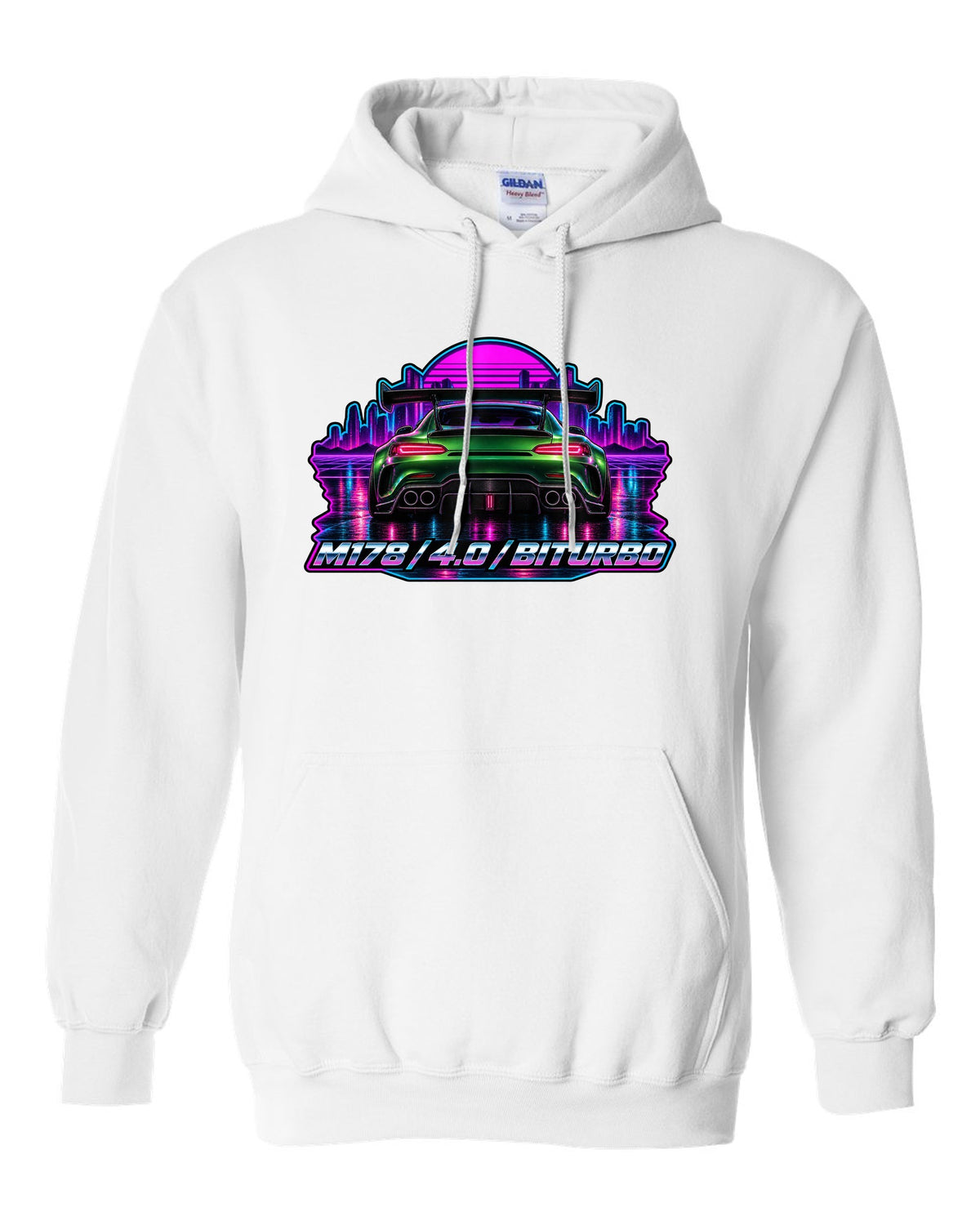 Cyanotype blueprint style engine bay illustration of a Mercedes AMG GT C190 with M178 557 PS text white pull over hoodie front view with the design