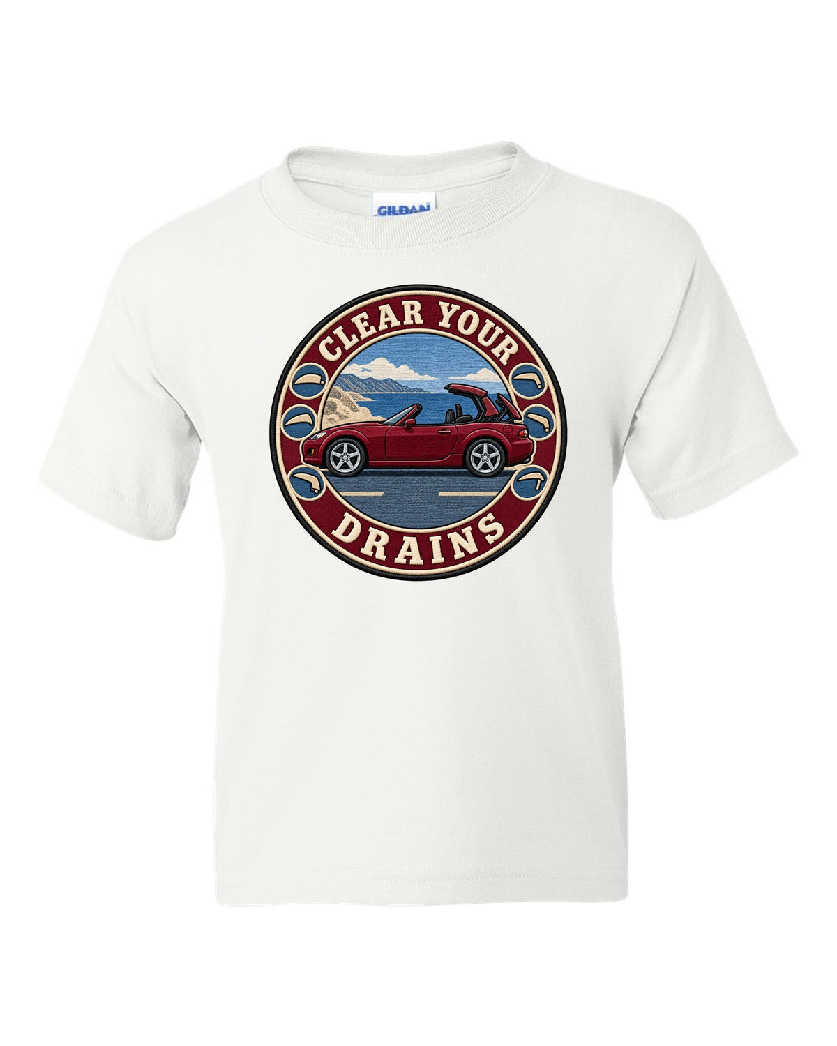 Embroidery-style roundel crest of a Mazda MX-5 NC with clear your drains text white kids tee front view with the design