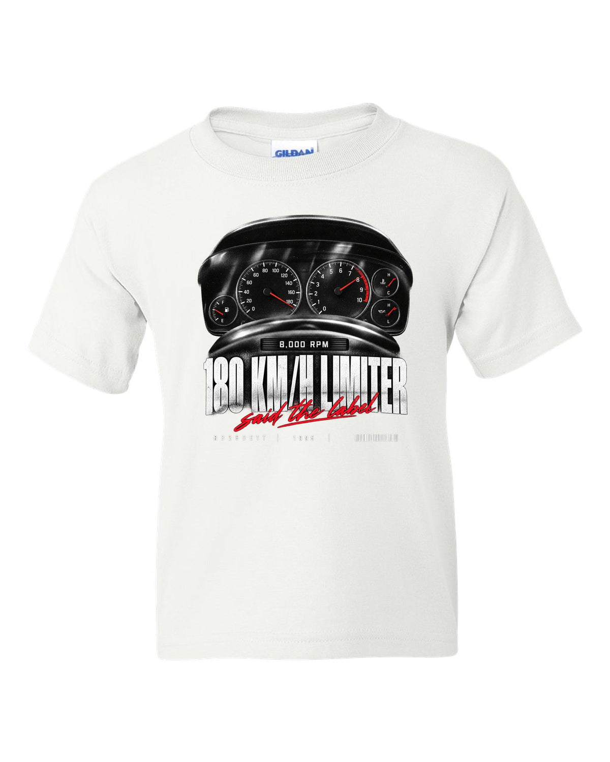 Instrument cluster of a Nissan Skyline GT-R R33 showing 180 km/h and 8,000 rpm with limiter caption white kids tee front view with the design