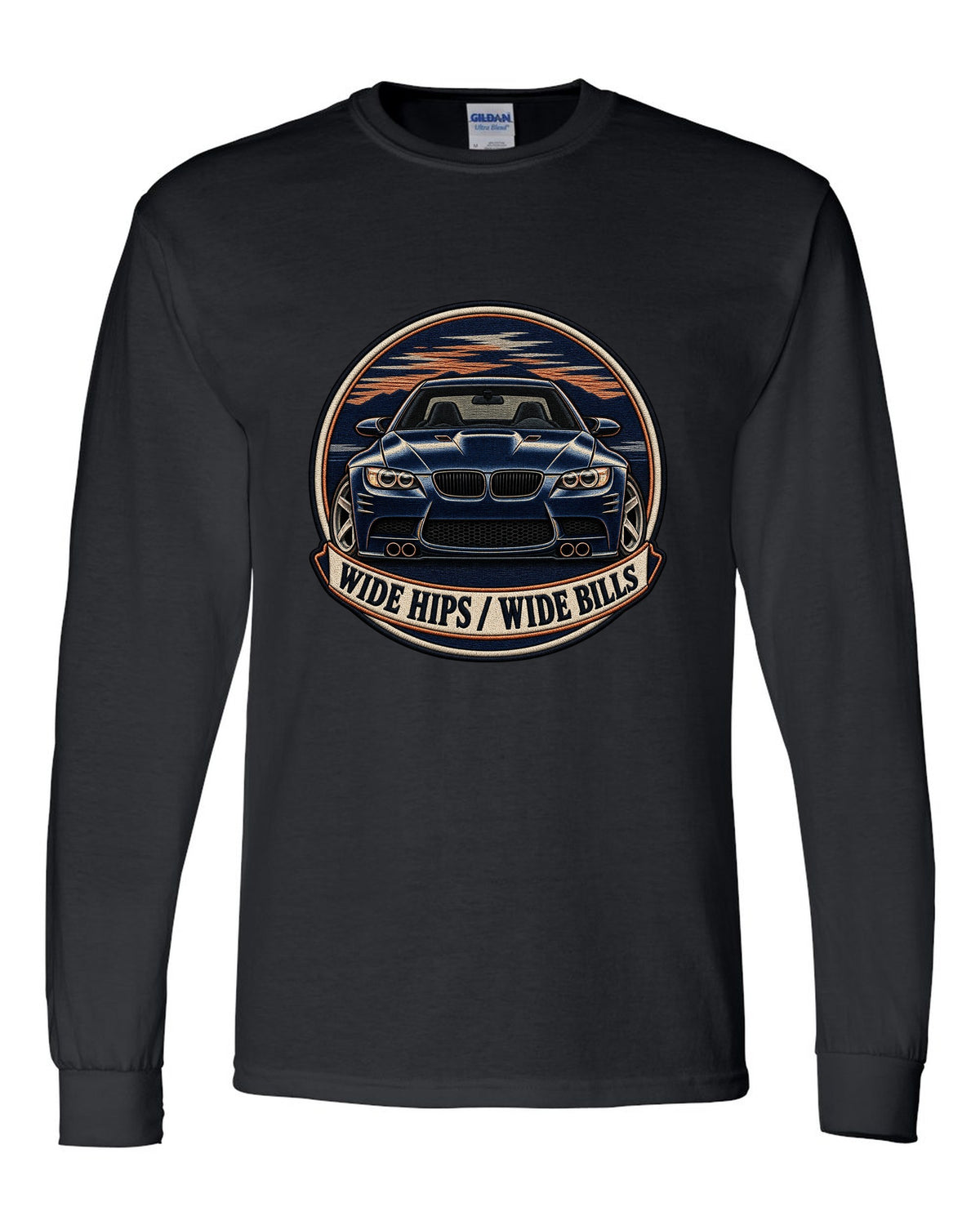 Varsity crest style print of a BMW E92 M3 coupe with wide hips wide bills text black long sleeve front view with the design