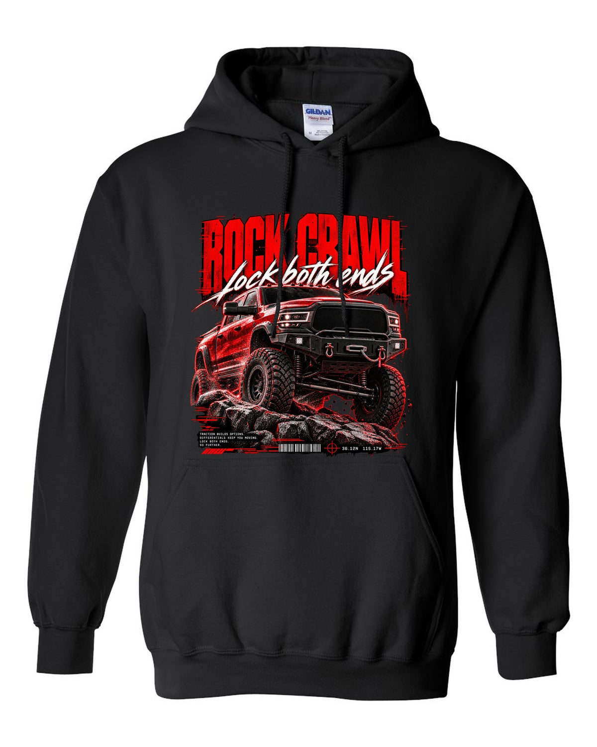 Street poster print of a 2019-2024 Ram 2500 Power Wagon with winch bumper black pull over hoodie front view with the design