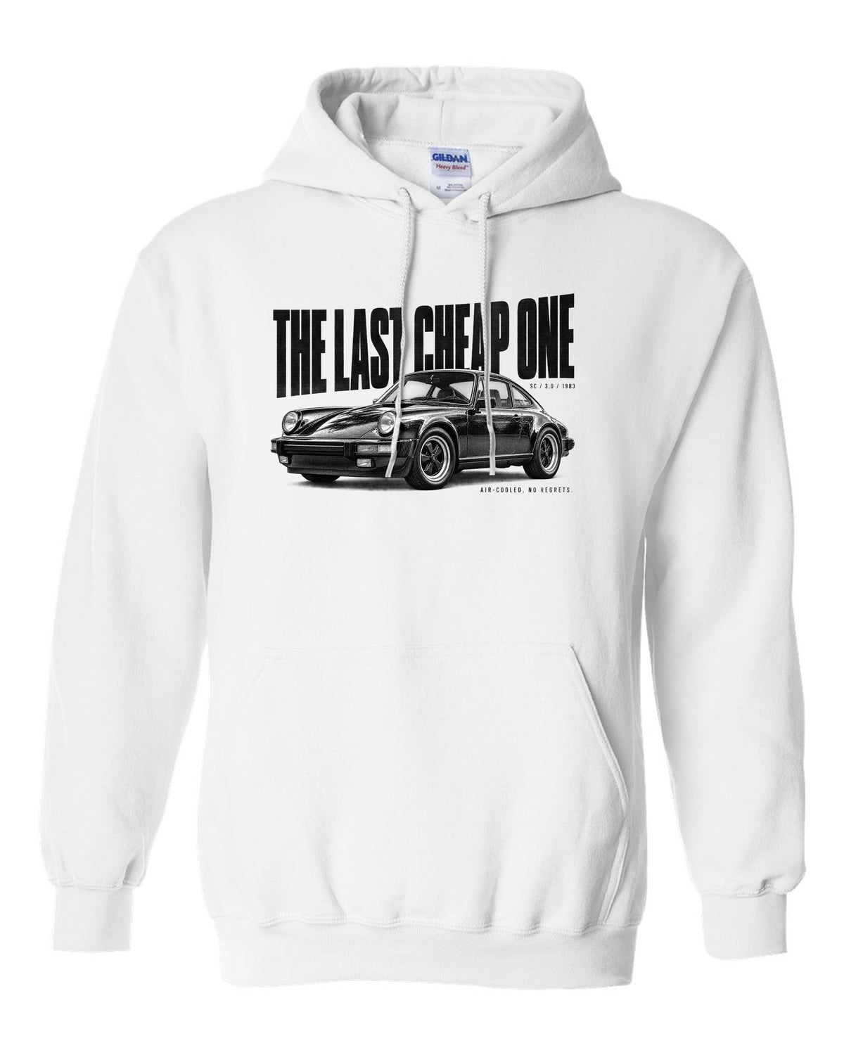Halftone print of a Porsche 911 SC G-series with The Last Cheap One caption white pull over hoodie front view with the design