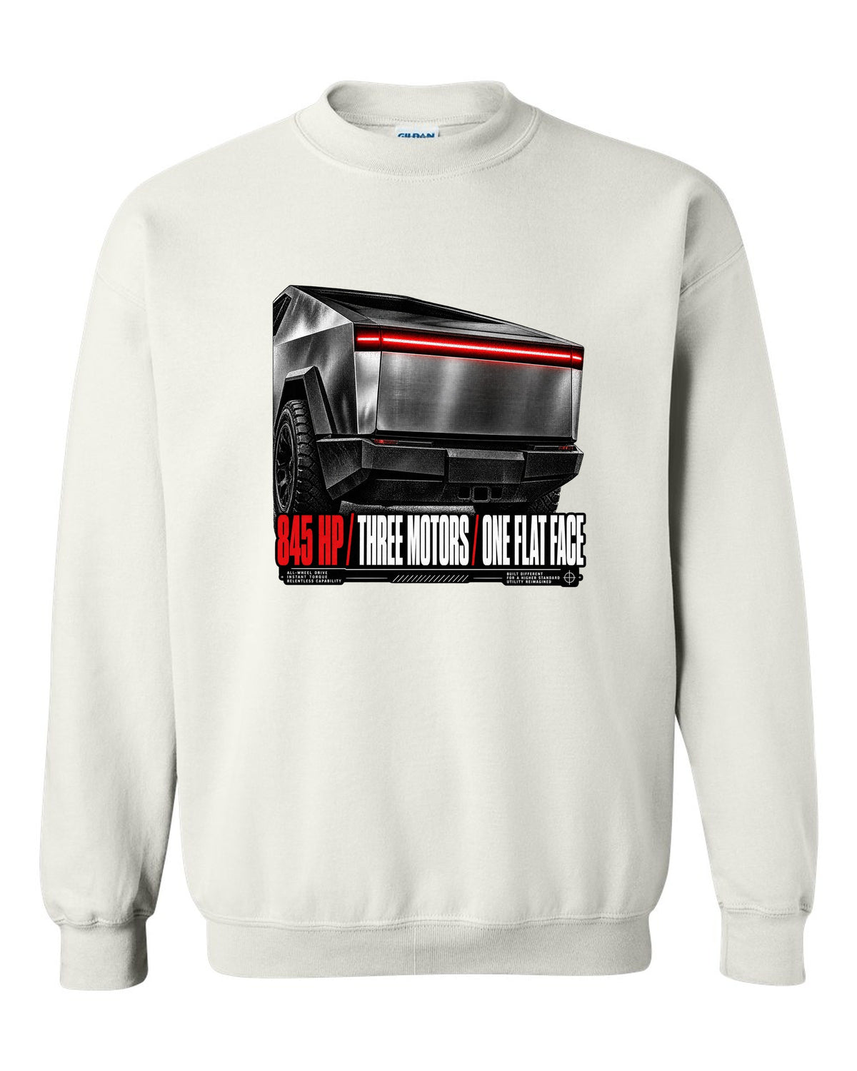 Macro of the Tesla Cybertruck Cyberbeast 2024 light bar with 845 HP and three motors text white crewneck front view with the design