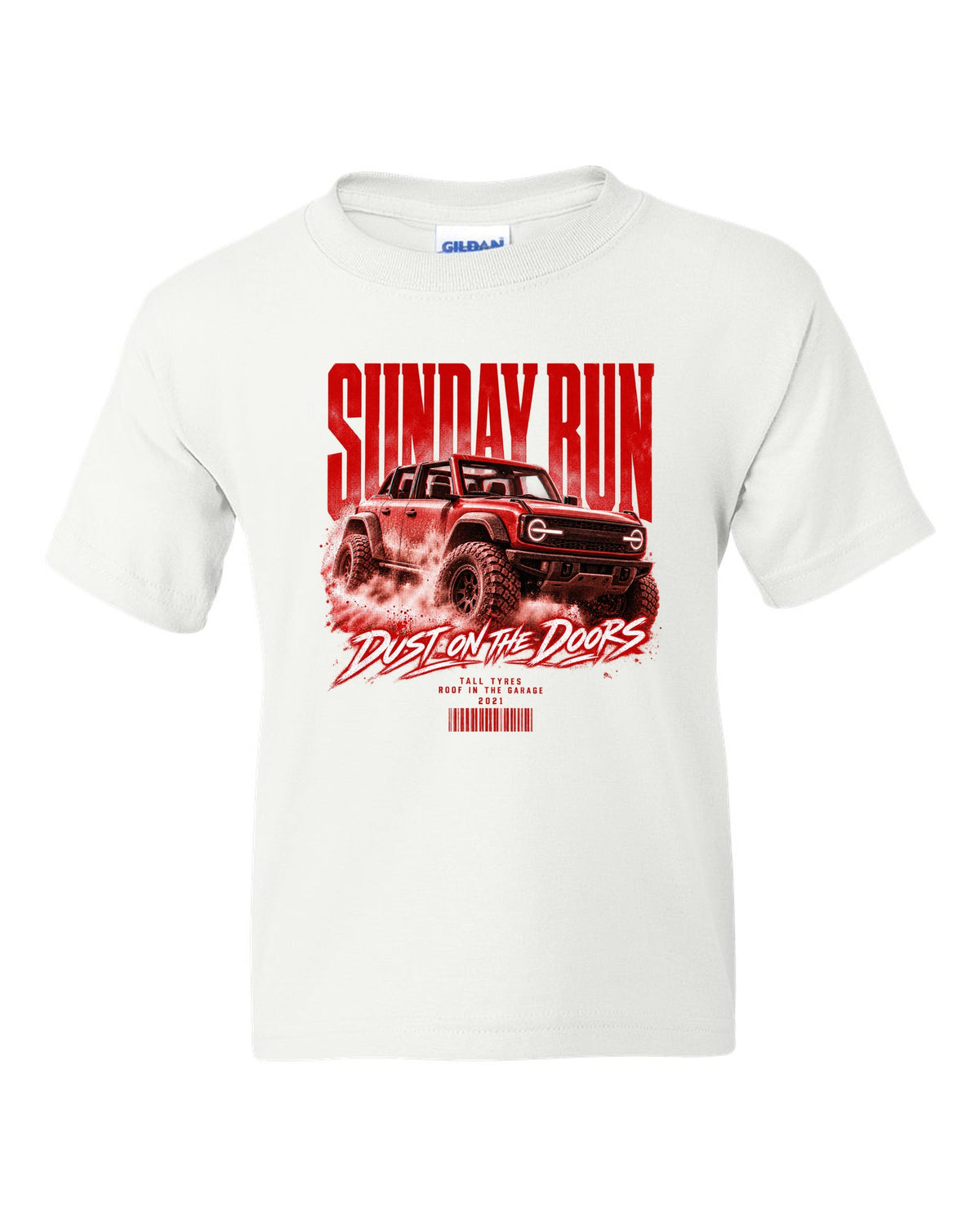 Street poster print of a 2021 Ford Bronco 6G four-door with Sunday run text white kids tee front view with the design