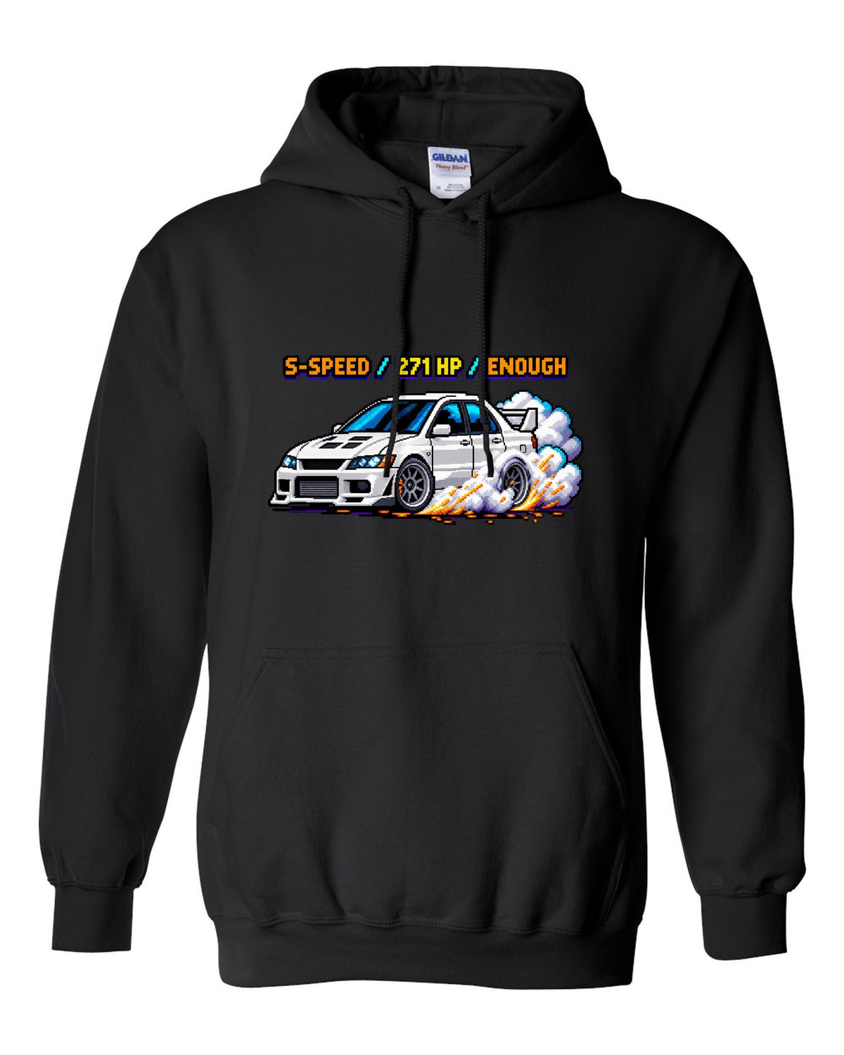 8-bit pixel art Mitsubishi Lancer Evolution VIII CT9A with launch control stats black pull over hoodie front view with the design