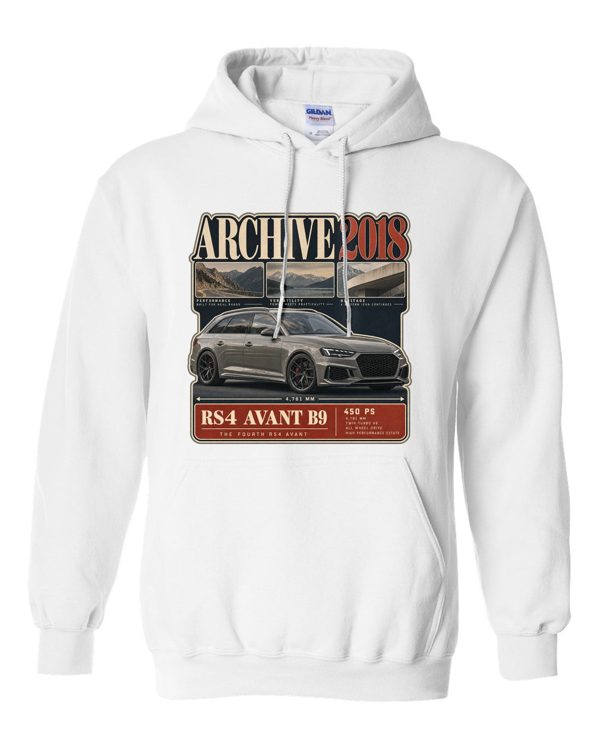 Audi RS4 Avant B9 archive panel print marked 2018 with 450 PS white pull over hoodie front view with the design