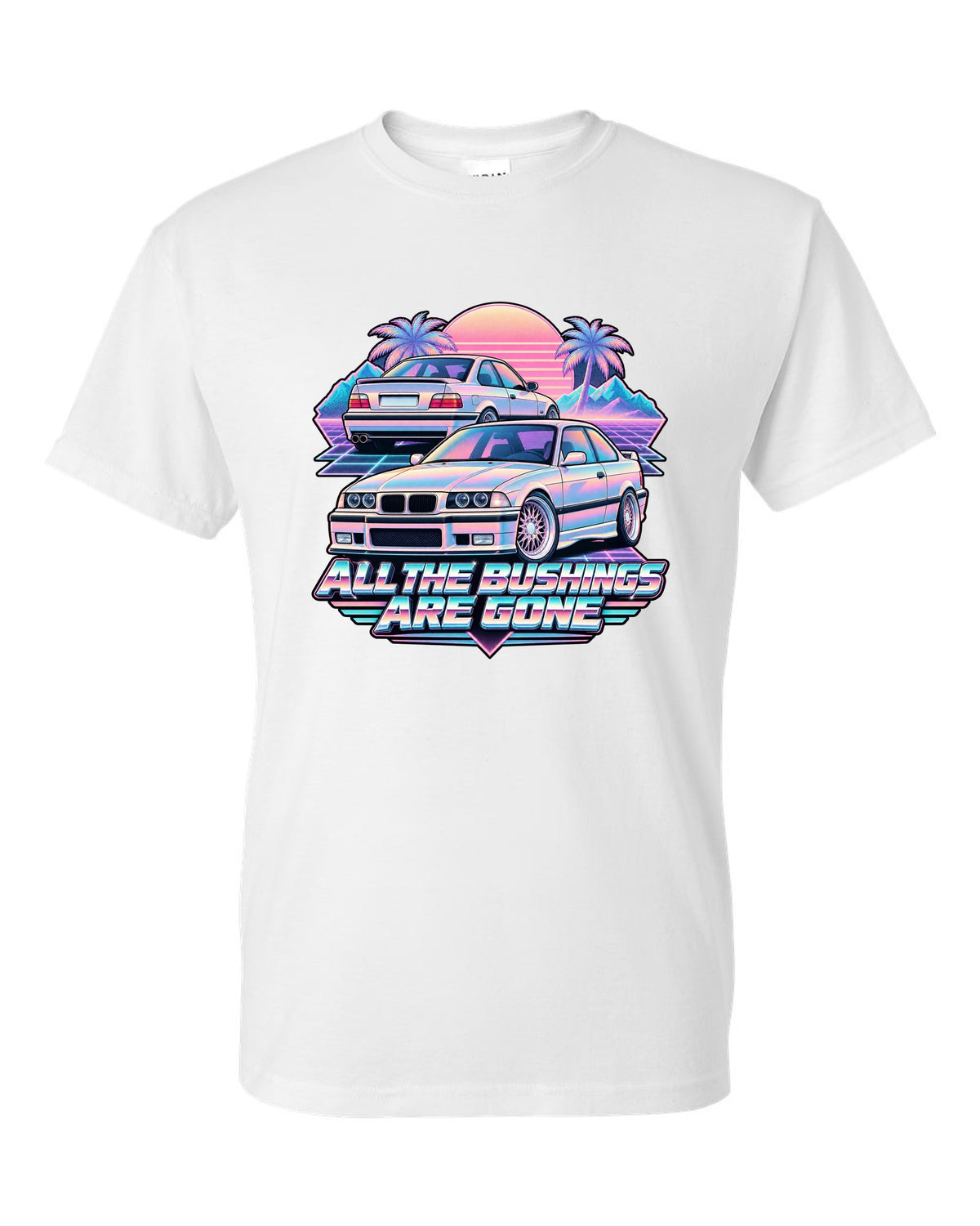 Vaporwave print of a BMW E36 M3 taillight with all the bushings are gone text white t-shirt front view with the design
