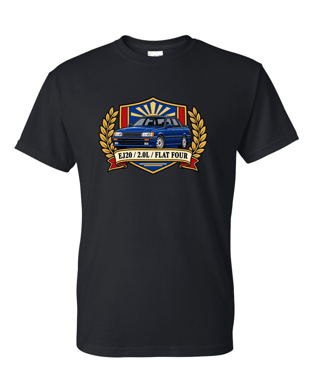 Shield crest design for a Subaru Legacy BC5 RS with EJ20 2.0L flat four text black t-shirt front view with the design