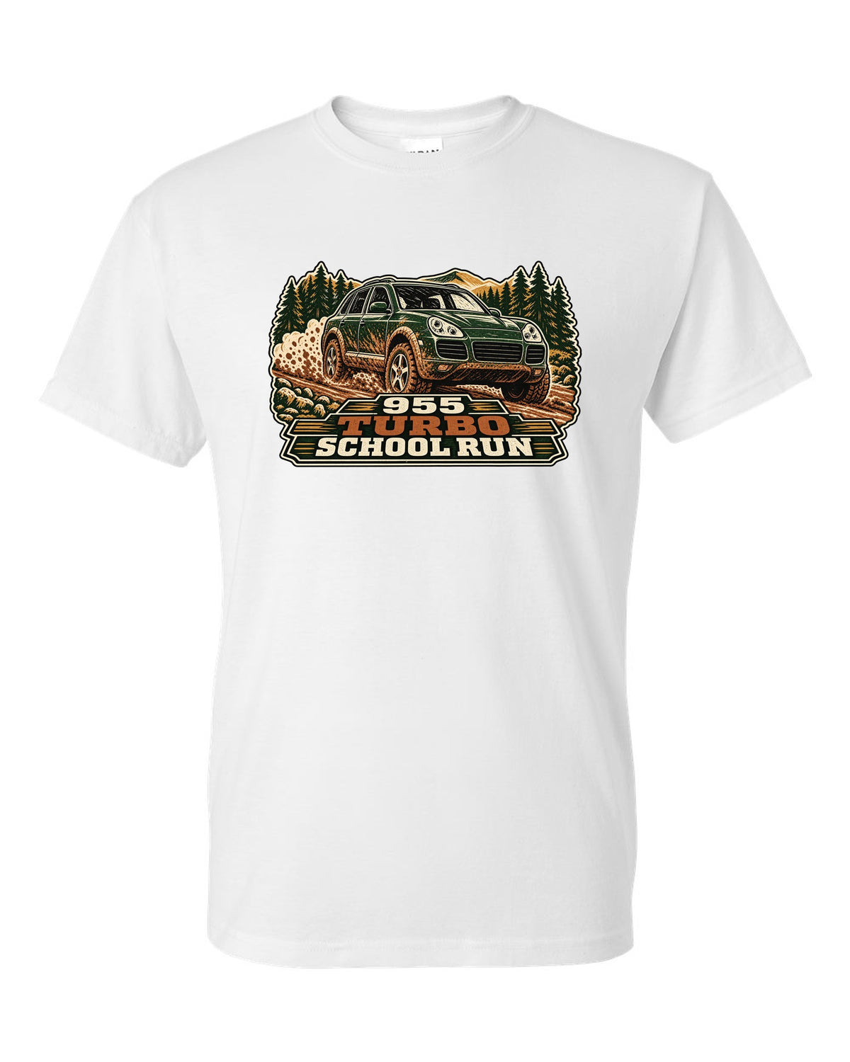 Multi-block linocut print of a muddy Porsche Cayenne Turbo 955 with the text 955, turbo, school run white t-shirt front view with the design