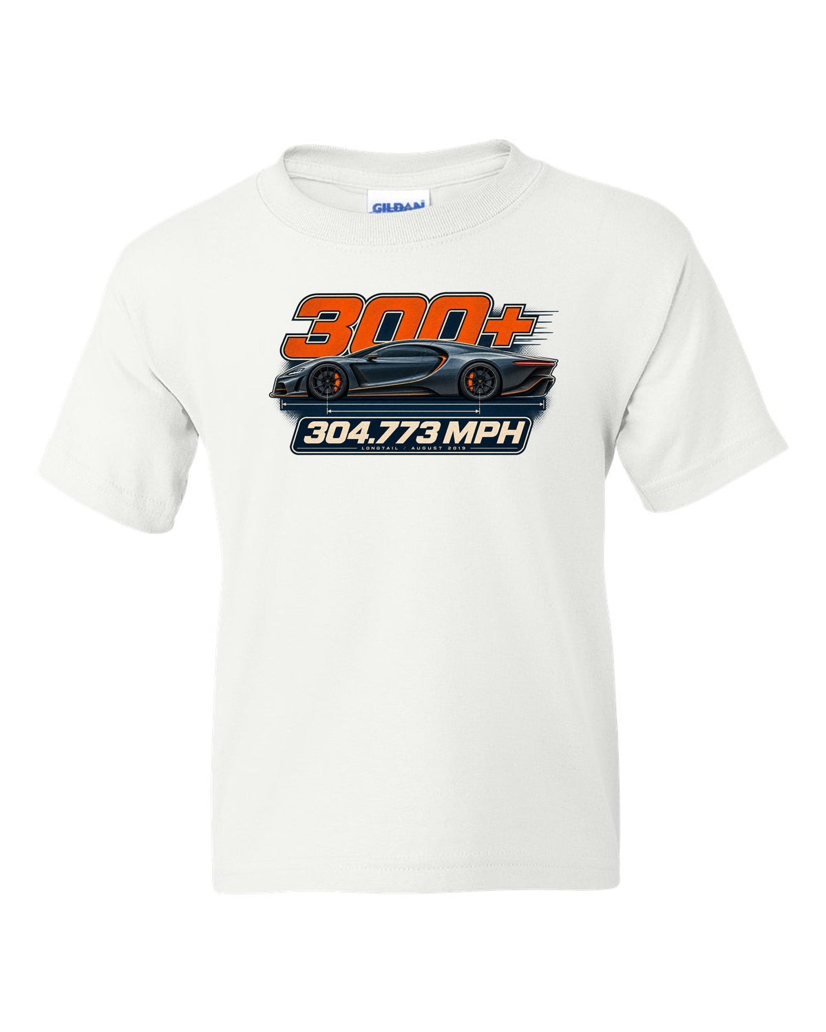 Spec poster of the Bugatti Chiron Super Sport 300+ with 304.773 mph text, print white kids tee front view with the design