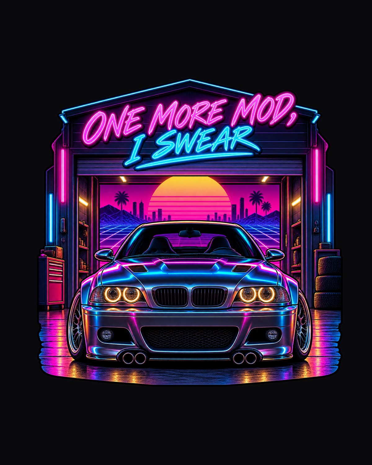 BMW E46 M3 Synthwave Shirt, One More Mod Garage Joke design only