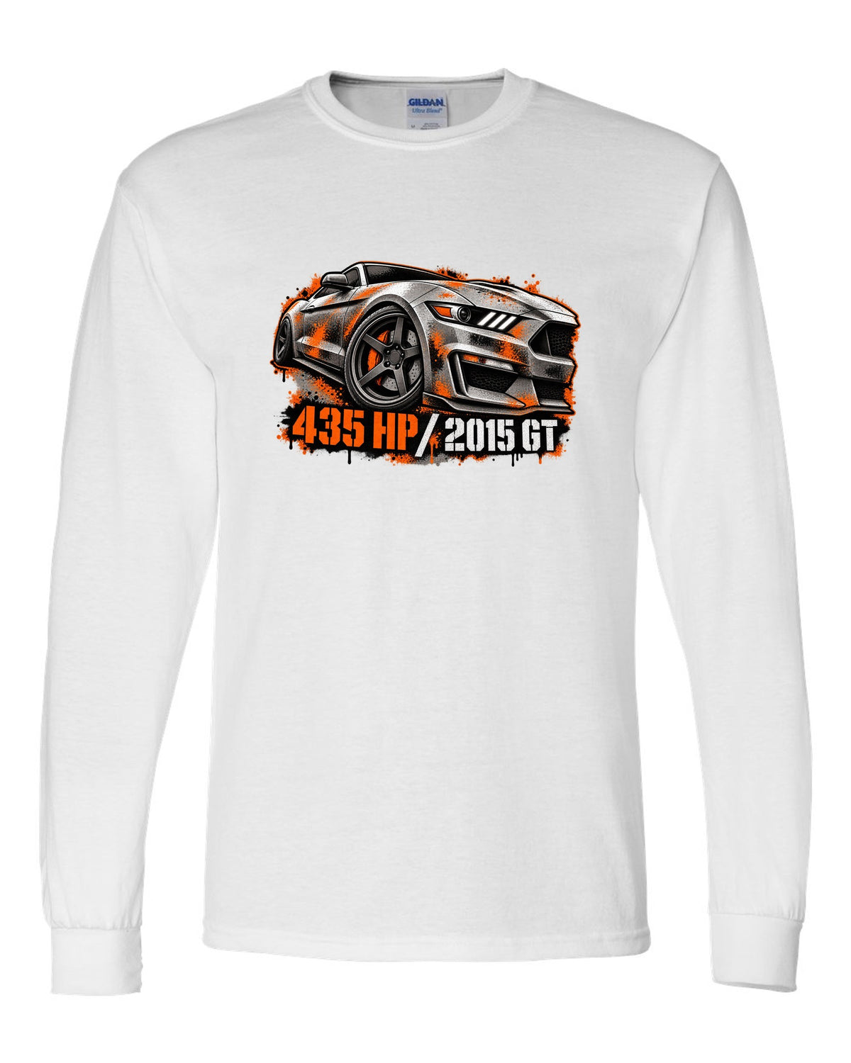 Stencil spray street art 2015 S550 Ford Mustang GT fastback with 435 HP text white long sleeve front view with the design