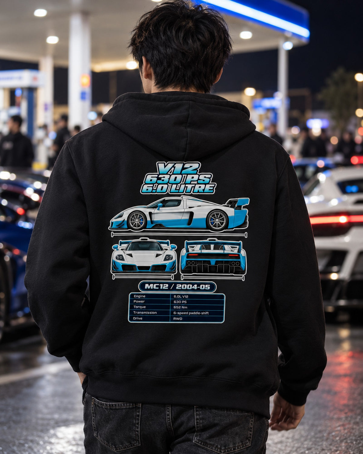 Maserati MC12 Spec Sheet Full-Back Graphic Tee Zip Hoodie Black worn hero