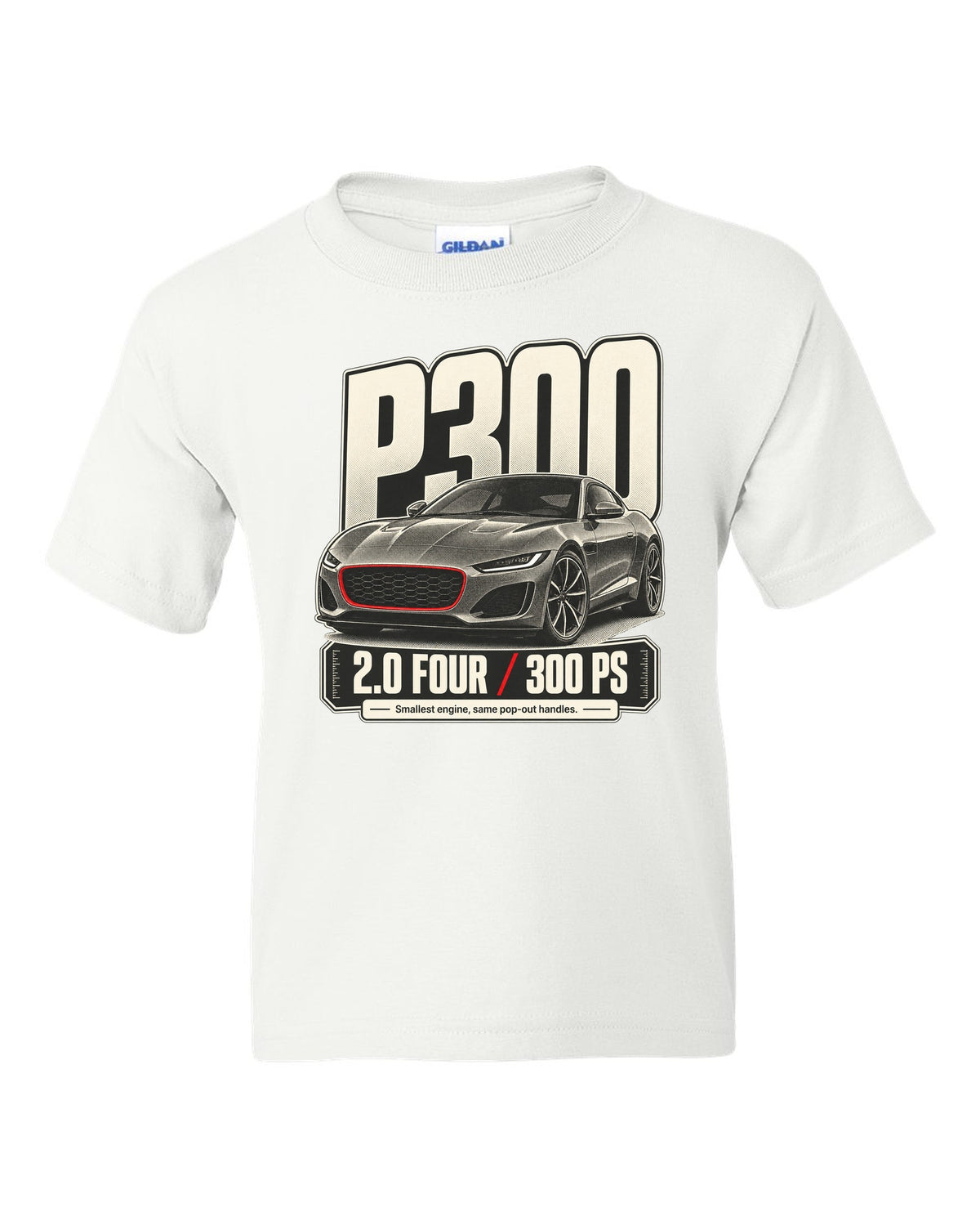 Halftone statement print for the Jaguar F-Type P300 2.0 four-cylinder with 300 PS text white kids tee front view with the design