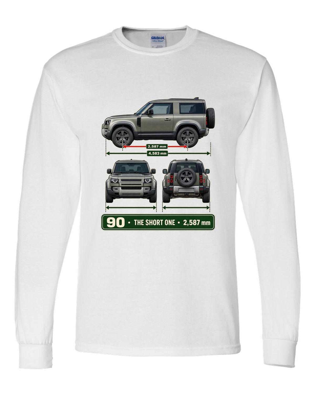 Three-view drawing with spec table print of the Land Rover Defender 90 L663 white long sleeve front view with the design