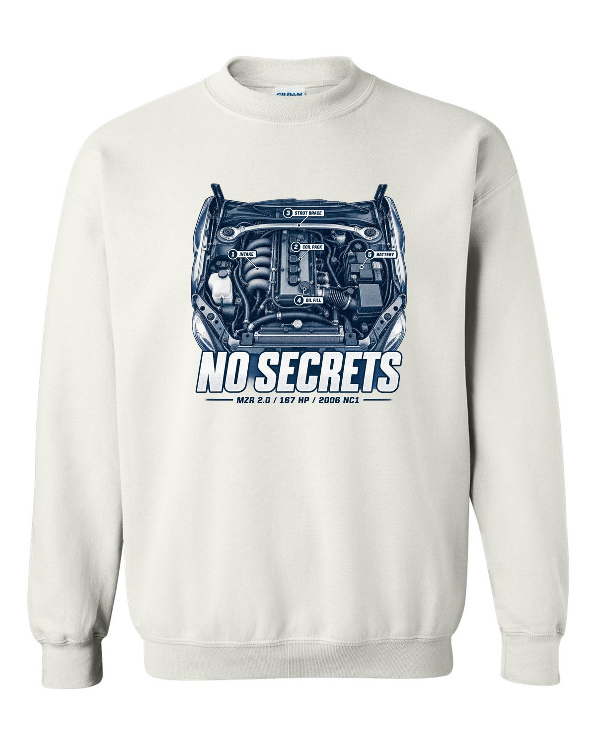 Engine hero print for the 2006 Mazda MX-5 NC1 with MZR 2.0 and 167 HP lettering white crewneck front view with the design