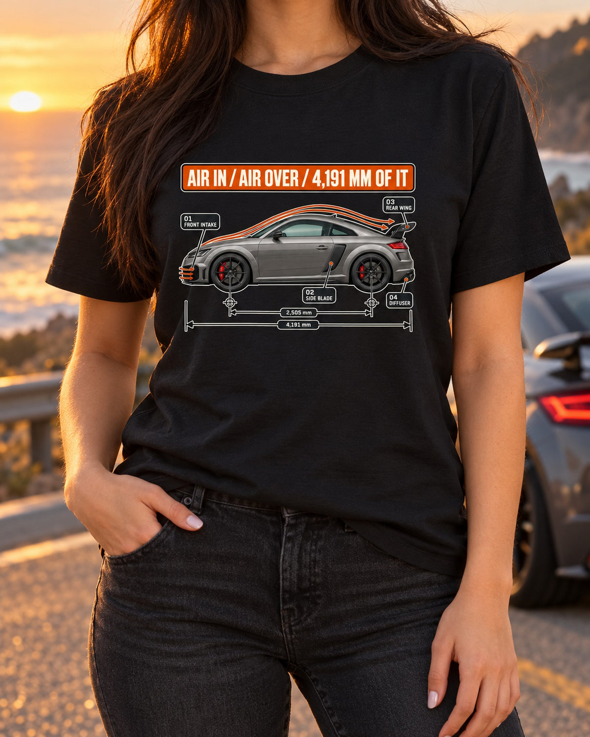 Audi TT RS Facelift Aero Callouts Tee, Cutaway Graphic T-Shirt Black worn hero