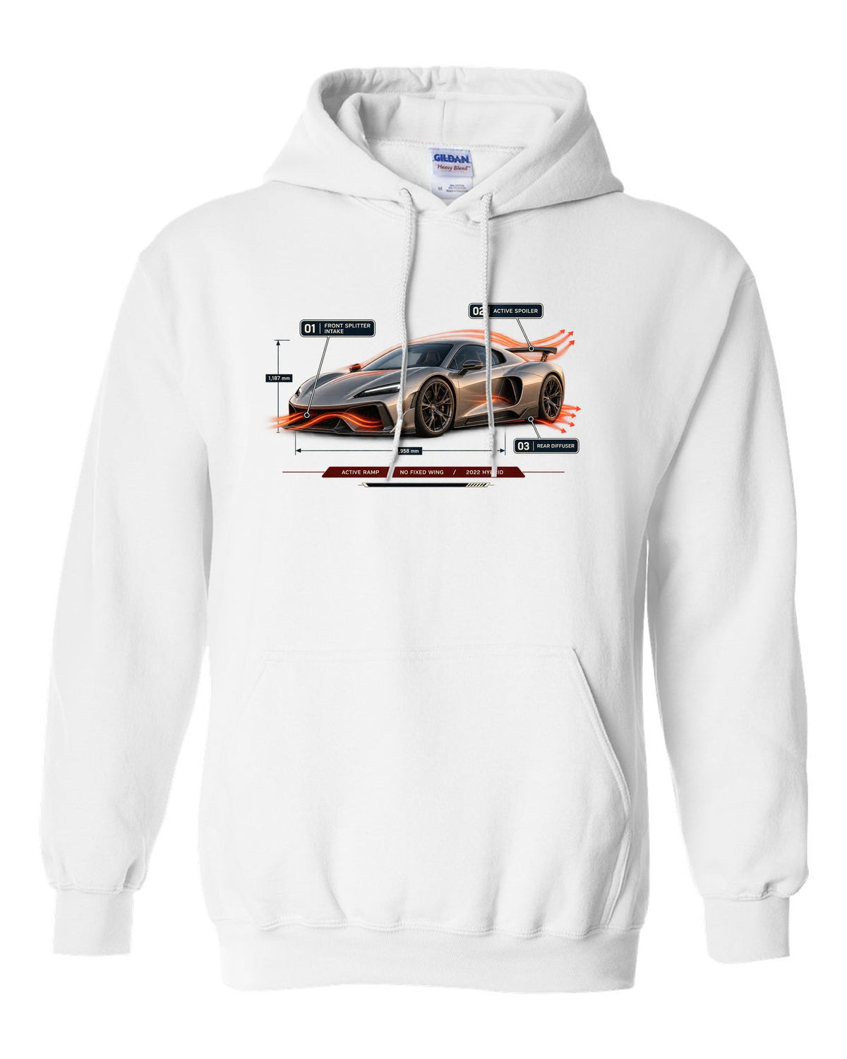 Ferrari 296 GTB aero callout print with active ramp and no fixed wing white pull over hoodie front view with the design