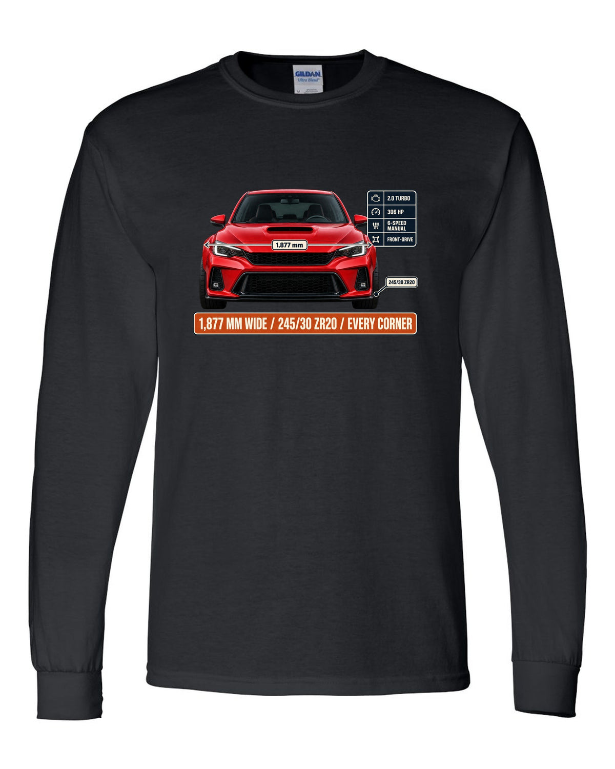 Front elevation of a Rallye Red Honda Civic Type R FK8 on a spec poster print black long sleeve front view with the design