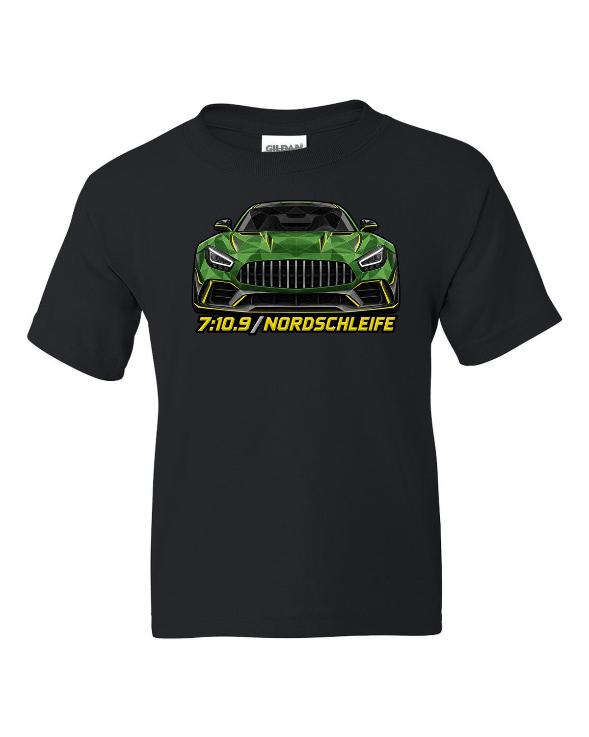 Low-poly wireframe illustration of a Mercedes AMG GT R C190 with 7:10.9 Nordschleife text black kids tee front view with the design