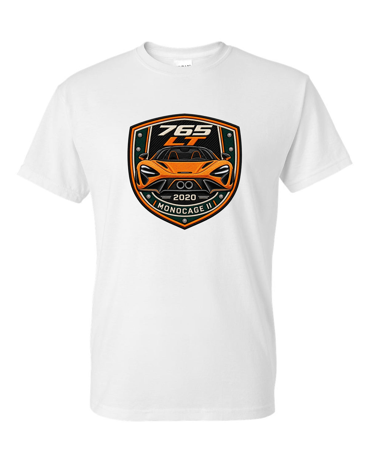 Embroidery varsity crest print for the McLaren 765LT with 765 LT 2020 Monocage II lettering white t-shirt front view with the design