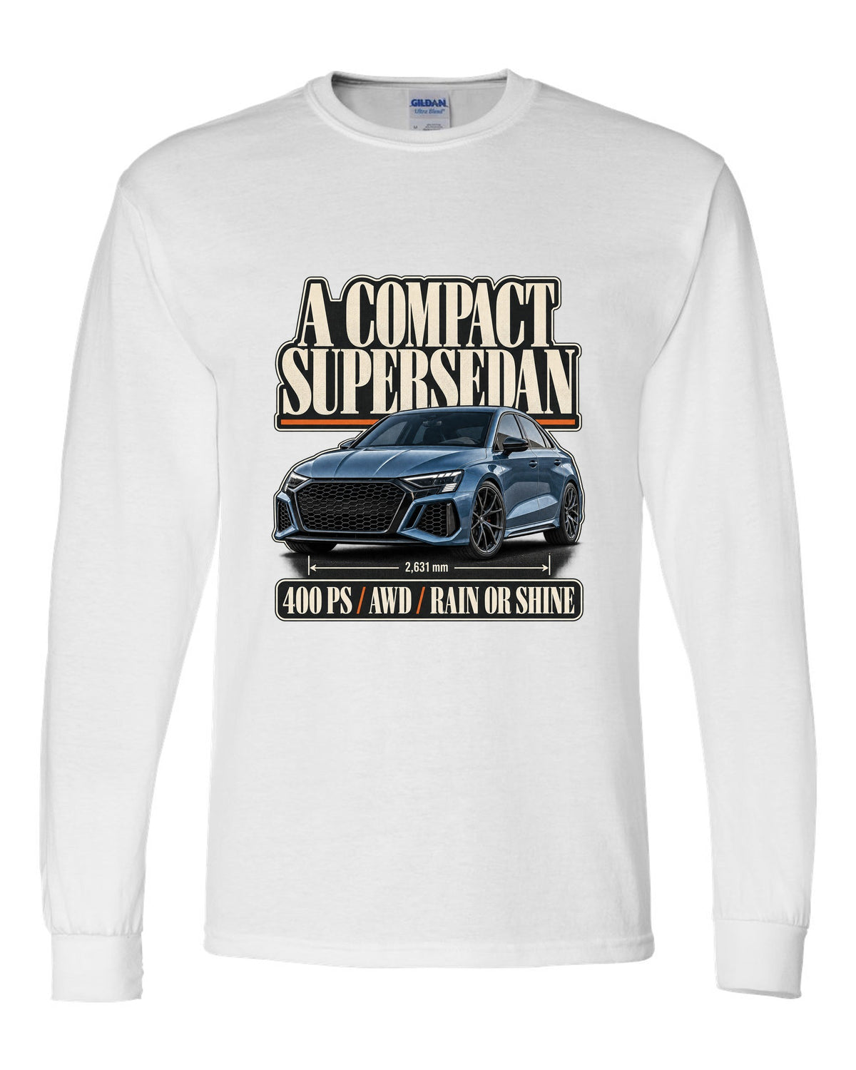 Editorial headline layout for the Audi RS3 8Y sedan, steel blue white long sleeve front view with the design
