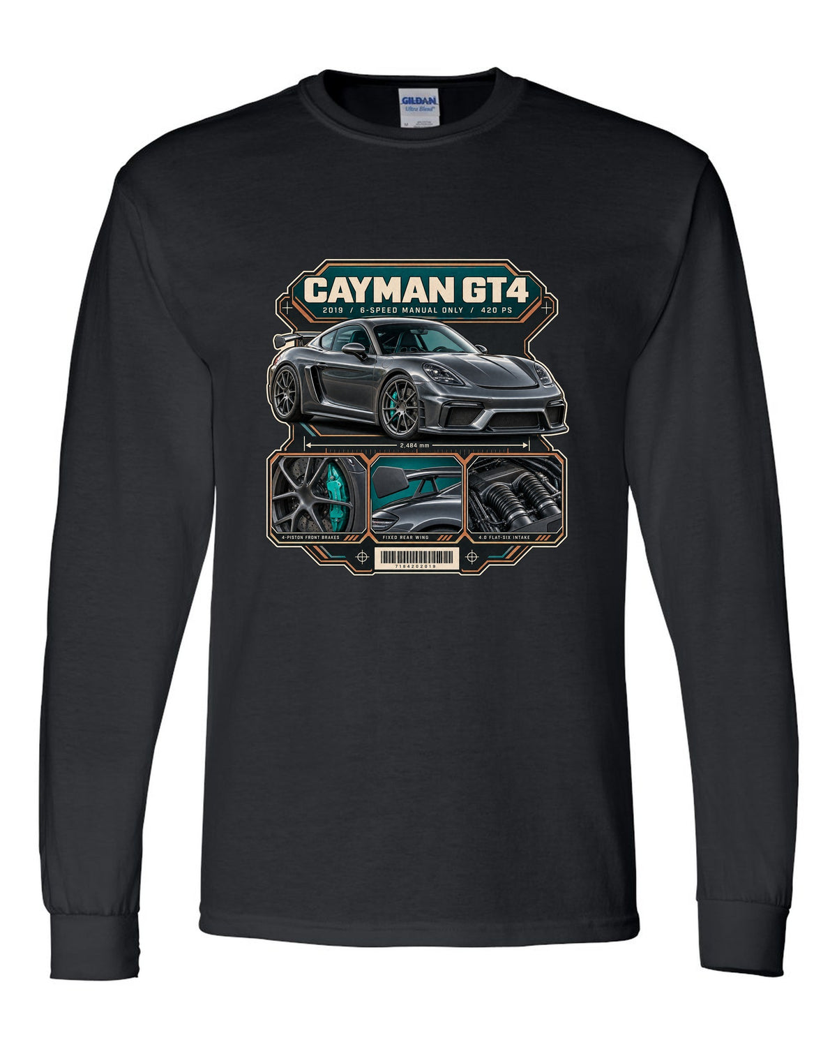 Dossier panel print of a Porsche 718 Cayman GT4 982 black long sleeve front view with the design