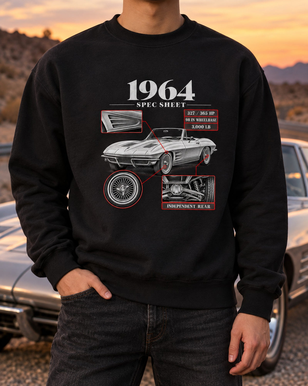 Corvette Sting Ray C2 1964 327 Spec Sheet Shirt, Car Guy Crewneck Black worn hero