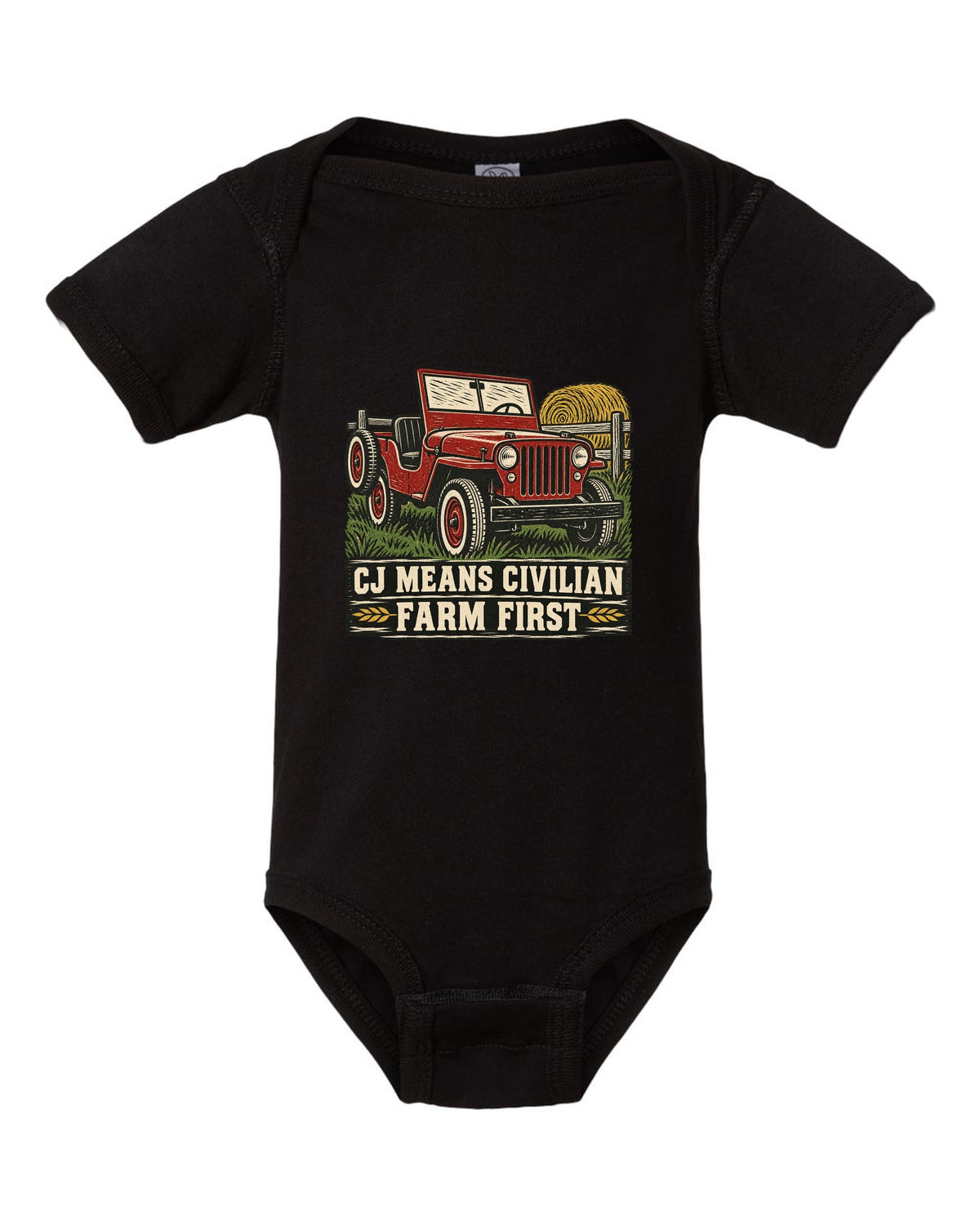 Linocut-style print of a Jeep CJ-2A with civilian farm text black baby onesie front view with the design