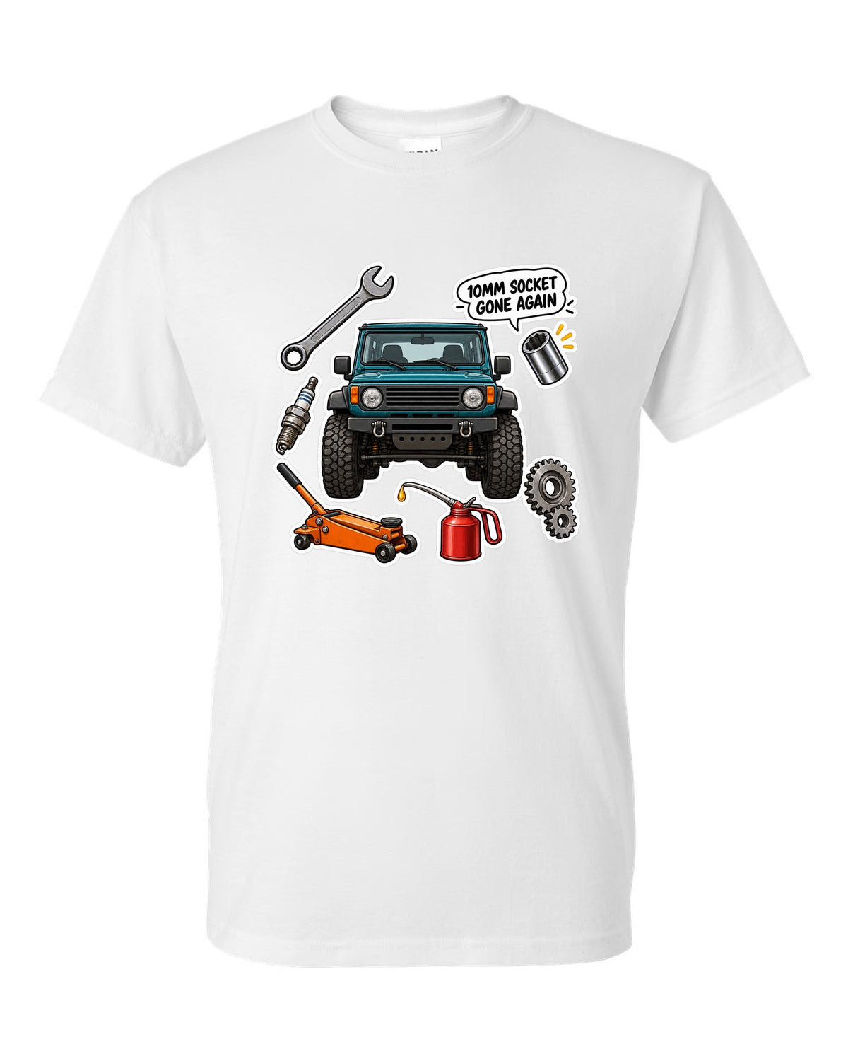 Jeep Wrangler TJ sticker bomb collage design with 10mm socket gone again text white t-shirt front view with the design