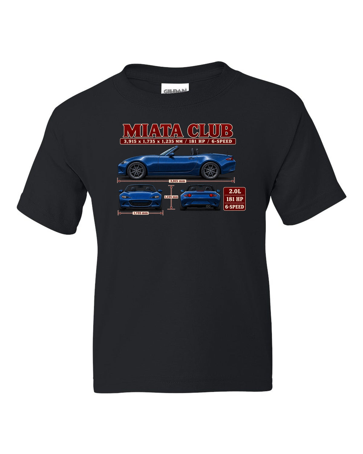 Three-view drawing and spec table of a 2019 Mazda MX-5 ND Club in Eternal Blue black kids tee front view with the design