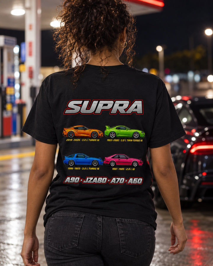 Toyota Supra Evolution Poster Full-Back Graphic Tee T-Shirt Black worn hero