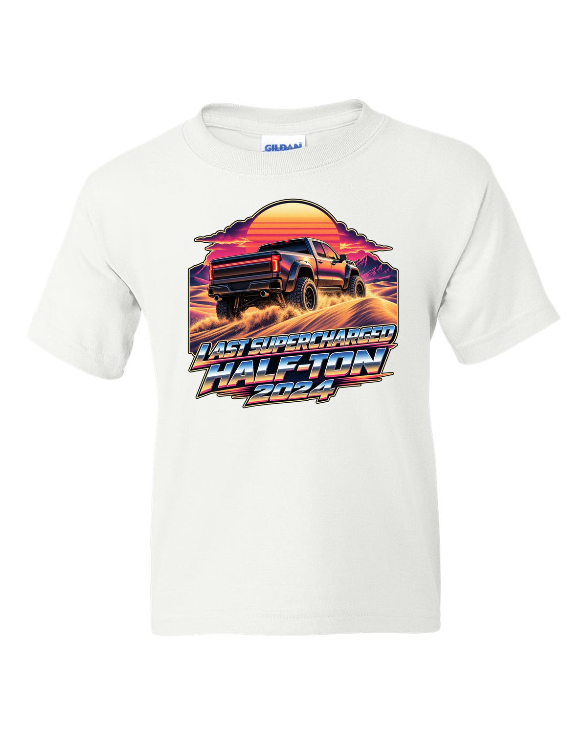 Retro 80s sunset print of a Ram 1500 TRX Final Edition on dunes white kids tee front view with the design