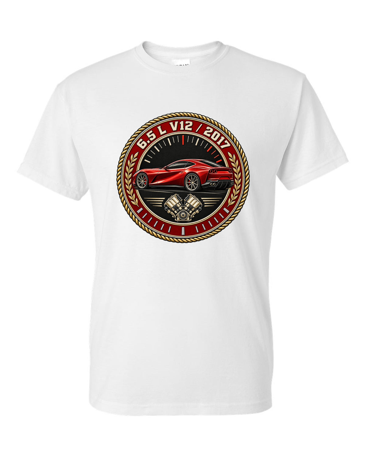Round roundel print for the Ferrari 812 Superfast with 6.5 L V12 and 2017 lettering white t-shirt front view with the design