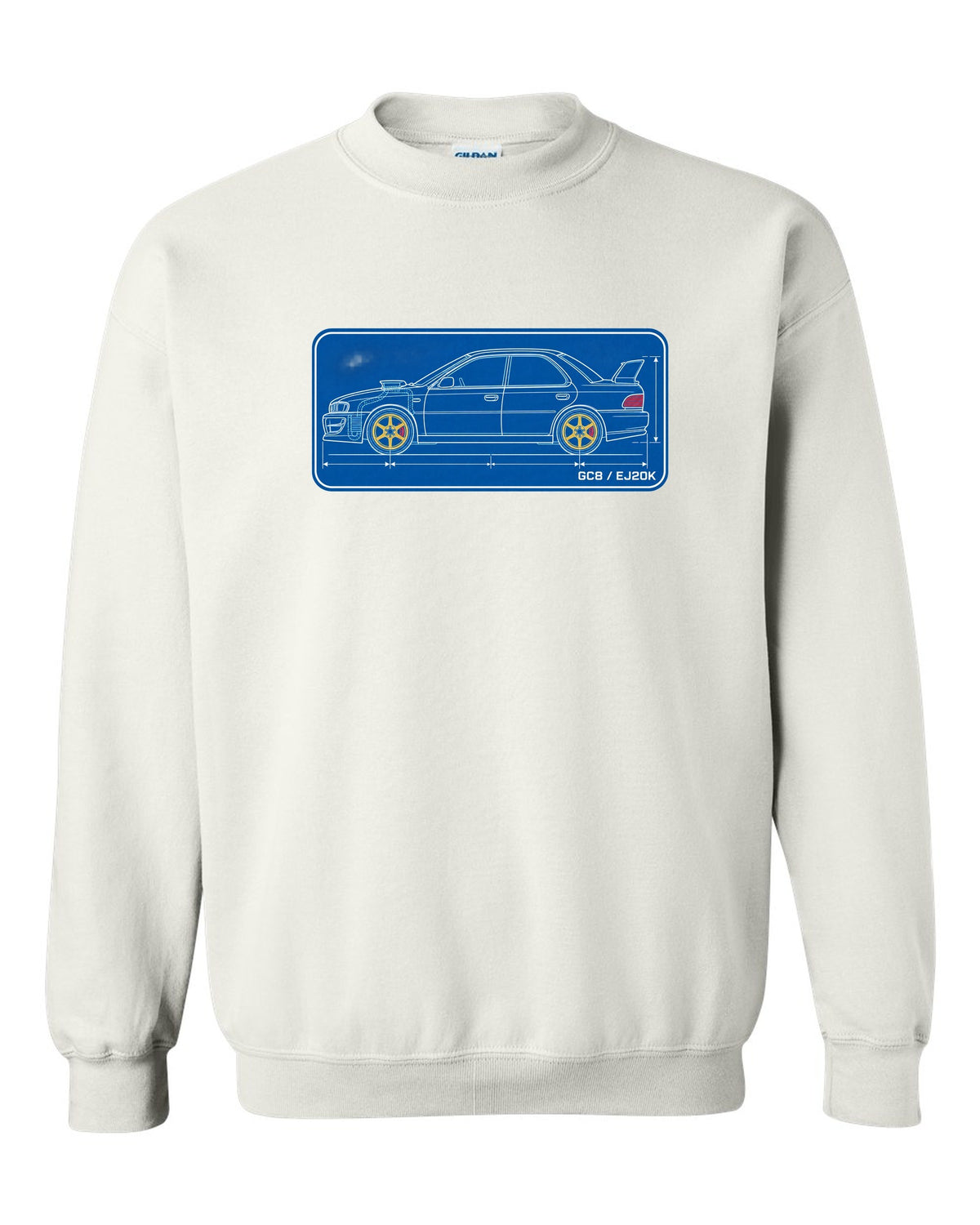 Cyanotype blueprint of a Subaru Impreza WRX GC8 hood scoop with EJ20K text white crewneck front view with the design