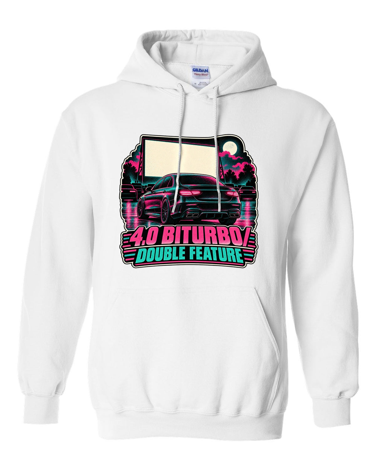 Risograph halftone drive-in poster graphic for a Mercedes E63 W213 4.0 biturbo, print white pull over hoodie front view with the design