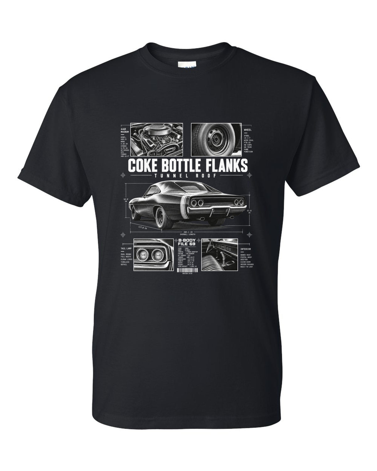 Dossier panel print of a 1969 Dodge Charger R/T with coke bottle flanks and tunnel roof notes black t-shirt front view with the design