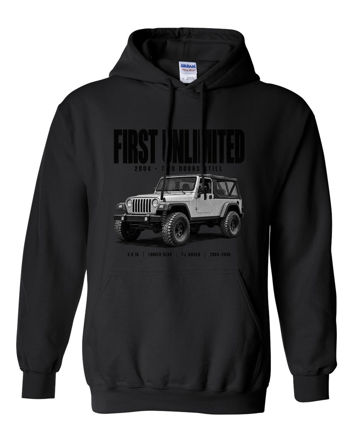 Halftone print for the Jeep Wrangler LJ Unlimited, First Unlimited 2004 black pull over hoodie front view with the design