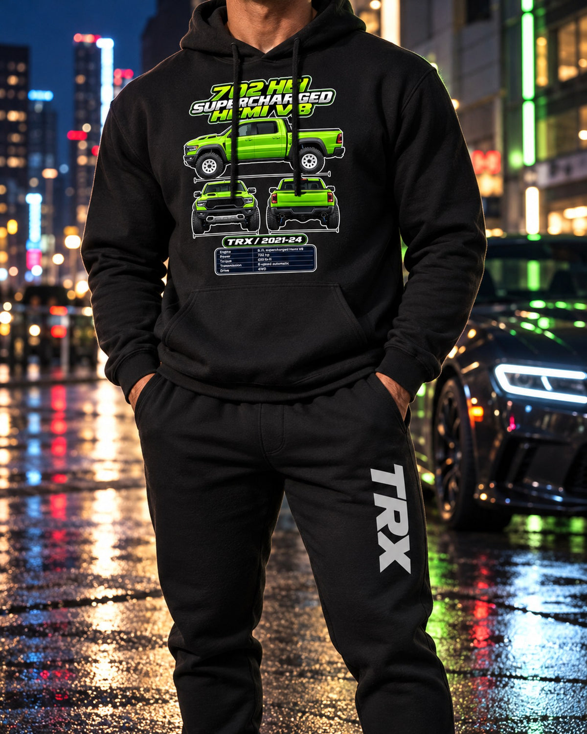 RAM 1500 TRX Spec Sheet Hoodie + Jogger Set Black worn hero