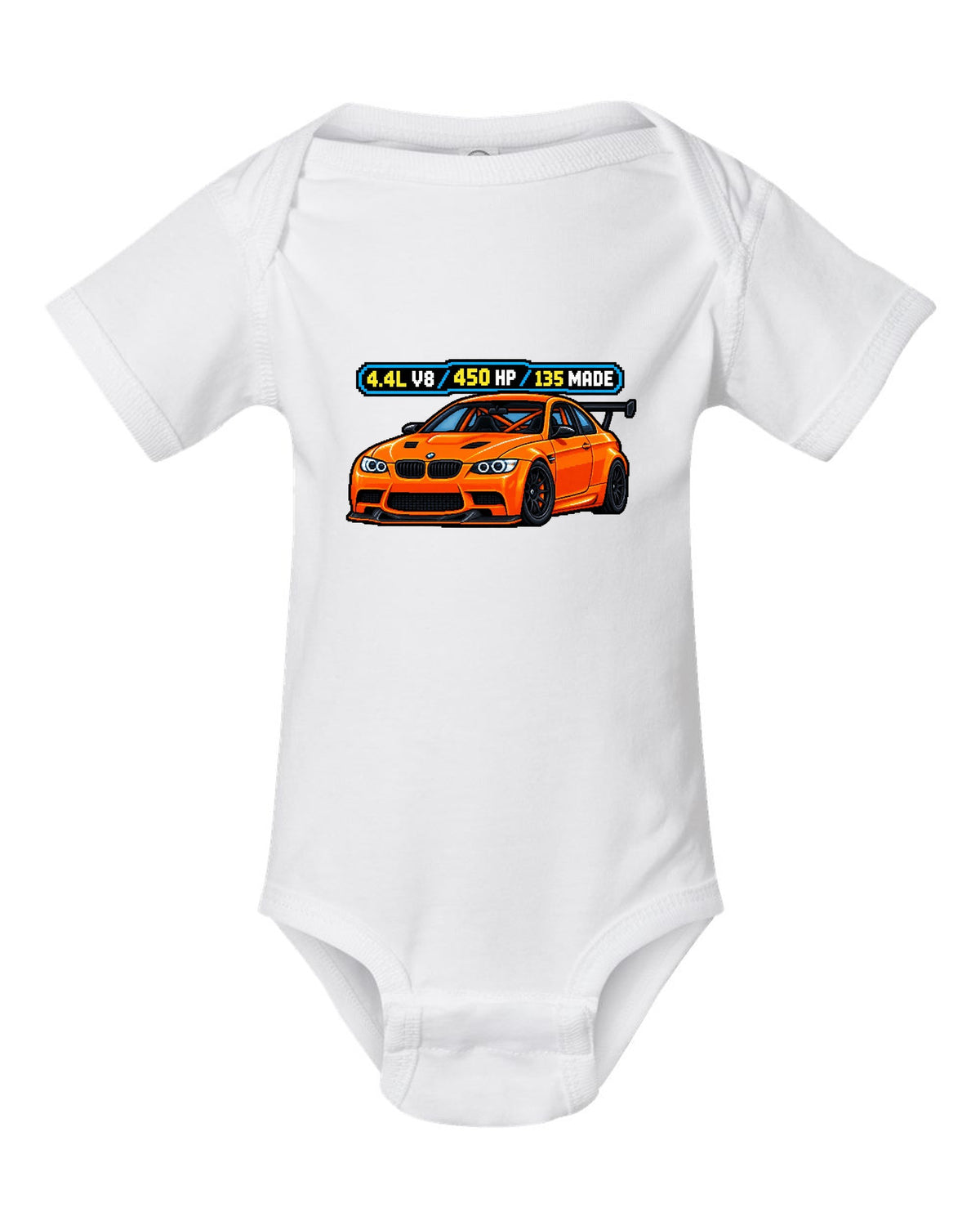 Pixel art print of an orange BMW E92 M3 GTS with 4.4L V8, 450 HP and 135 made text white baby onesie front view with the design
