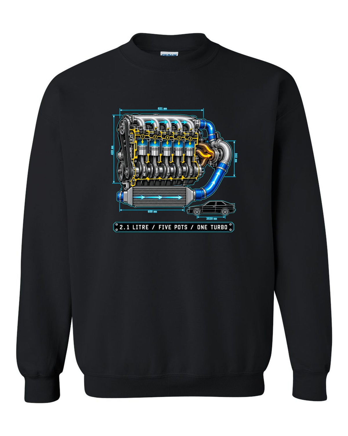 Technical blueprint print of an Audi Ur-Quattro Type 85 with five pots text black crewneck front view with the design