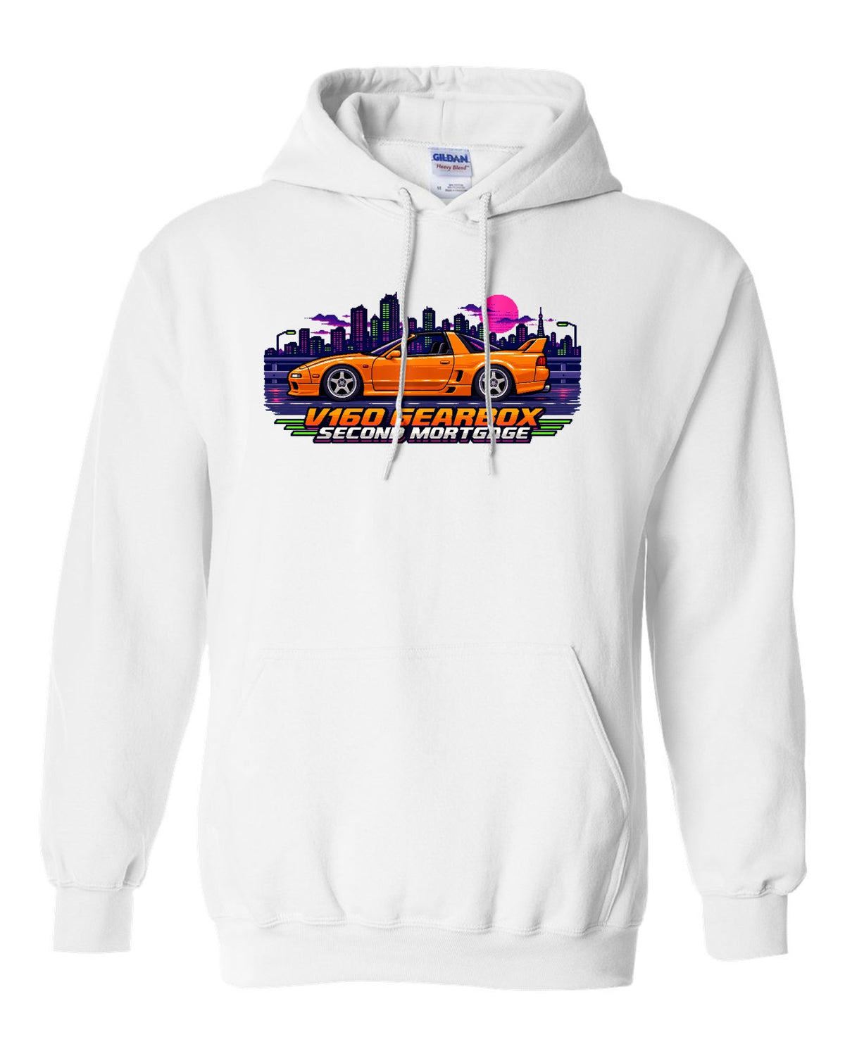16-bit pixel art print of a Toyota Supra JZA80 with V160 gearbox second mortgage lettering white pull over hoodie front view with the design