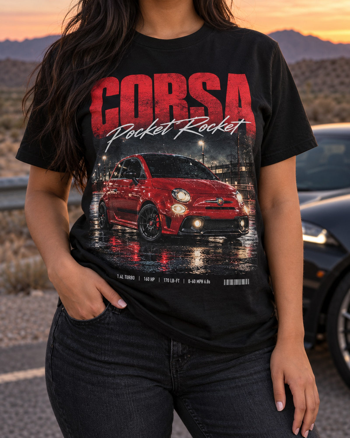 Fiat 500 Abarth Pocket Rocket Street Poster Tee, 5 Speed Manual T-Shirt Black worn hero