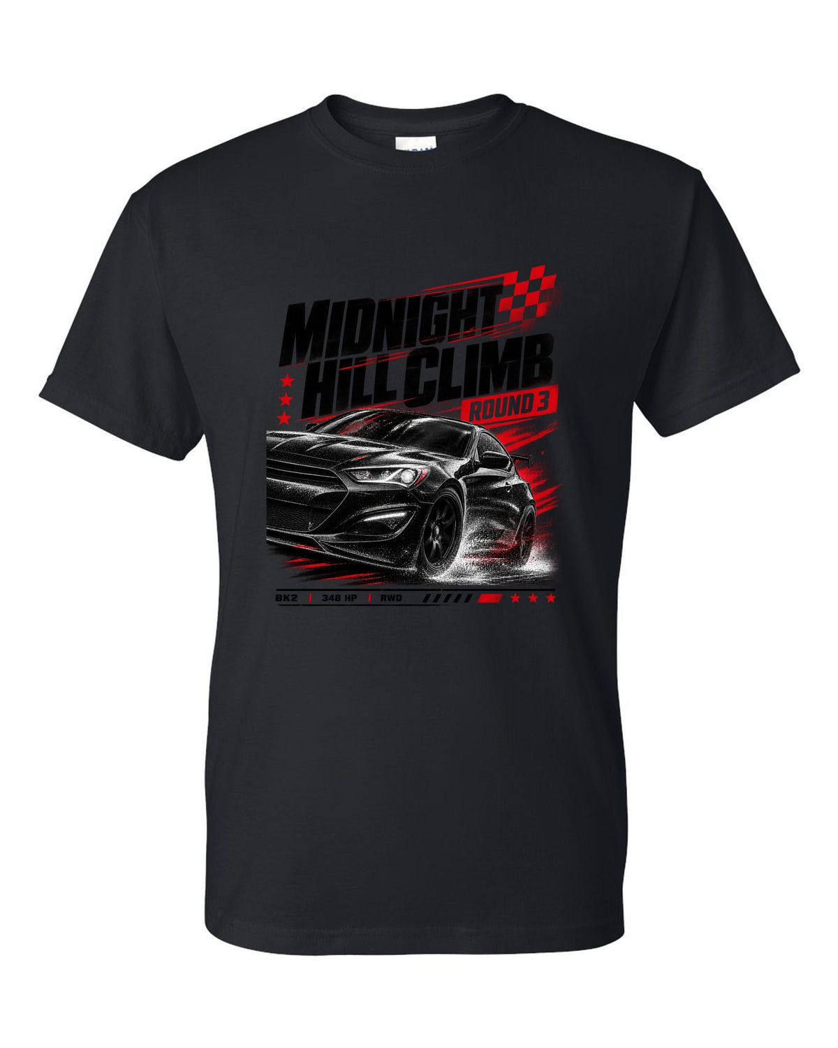 Hyundai Genesis Coupe BK2 midnight hill climb race poster black t-shirt front view with the design