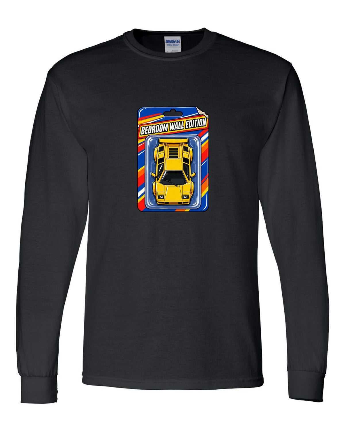 Top-down Lamborghini Countach LP400 S on a toy blister card labelled Bedroom Wall Edition black long sleeve front view with the design